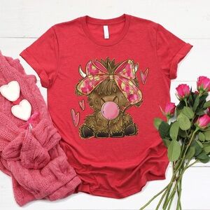 Love in Faith Red Women’s T-Shirt with Highland Cow